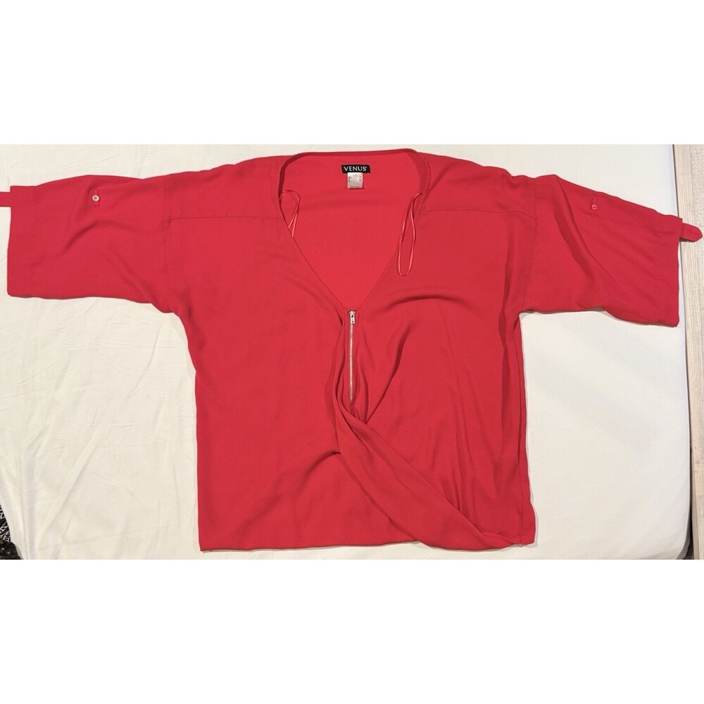 Venus Red Top Blouse Flowy Draped Women’s Large Zipper Preppy Classic Business